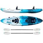 Driftsun Teton 120 Hard Shell Recreational Tandem Kayak, 2 or 3 Person Sit On Top Kayak Package with 2 EVA Padded Seats, Includes 2 Aluminum Paddles and Fishing Rod Holder Mounts, Blue/White
