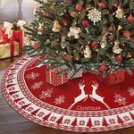 Fayavoo Large Christmas Tree Skirt, 48 Inch Red Christmas Tree Skirt with Snowflake and Reindeer, Thick Knitted Double-Sided Rustic Xmas Tree Skirt for Indoor Holiday Party Christmas Tree Decoration