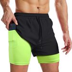 Danfiki Men Running Shorts Men's Shorts Workout with Phone Pocket 2 in 1 Gym Training Shorts Lightweight Quick Drying,Black Green,L