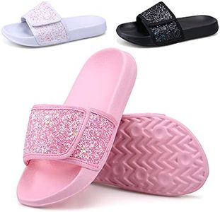 Girls Slide Sandals Glitter Sequins Pool Sliders Kids Shower Slippers Beach Flip Flops Hook and Loop Non-slip Thick sole, Pink, 3 UK