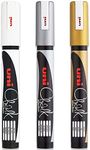 Uni PWE-5M Liquid Chalk Marker Pen - Whiteboard Blackboard Chalkboard - Non Permanent - Gold, Silver & White - Pack of 3, PWE5M-WSG