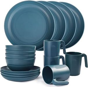 Shopwithgreen Plastic Plates and Bowls Set with Mugs, Unbreakable & Lightweight Dinnerware Set Service for 4, BPA-Free, Microwave & Dishwasher Safe (Blue)