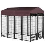 PawHut Outdoor Dog Kennel, Lockable Pet Crate, Welded Wire Steel Fence, with Water-, UV-Resistant Canopy, Rotating Bowl Holders, Door, 8ft x 4ft x 6ft, Red