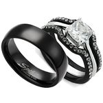 Marimor Jewelry His and Hers 4 Piece Black Stainless Steel Wedding Engagement Ring and Classic Band Set, Zirconia,Stainless Steel, Cubic Zirconia