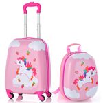 Maxmass 2PCS Kids Luggage Set, 12" & 16" Hard Shell Children Trolley Case with 4 Universal Wheels, Girls Boys Suitcase and Backpack Set for Travel (Pink, Unicorn)