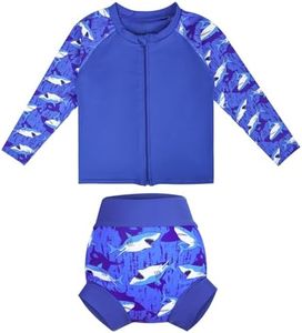 MooMoo Baby Boys Rash Guard Swimsuit Set Reusable Swim Diapers Long Sleeve UPF 50+ Swim Shirt for Swim Lesson and Pool Blue