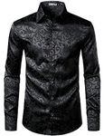 PARKLEES Men's Luxury Jacquard Long Sleeve Dress Shirt Slim Fit Satin Slik Like Floral Printend Shirts for Wedding Party Prom Black XXL