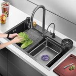 Luxart Stainless Steel Nano Black Raindance Waterfall Sink, 30x18x9 inch Single Sink Workstation, Home Sink with Pull-Out Faucet,Cup Washer, Water Purification Faucet, Multifunction sink