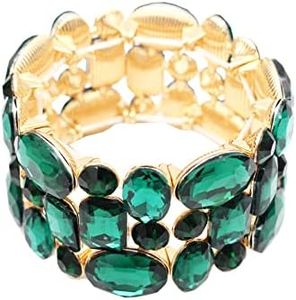 Enrwin Women’s Wedding Bridal Crystal Leaf Flower Stretch Bangle Elastic Wide Bracelet Jewelry for Brides Bridesmaid (Emerald-Gold Plated, Alloy)