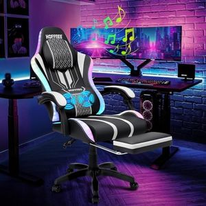 HOFFREE LED Gaming Chair Massage with Speakers Game Chair Big and Tall with Footrest Gamer Chair for 400lbs Computer Desk Chair for Adults White and Black