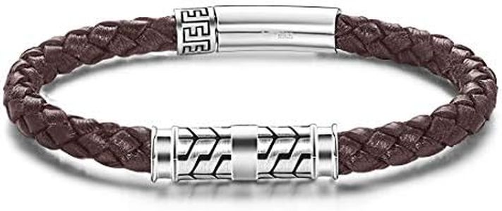 Carleen Destination 925 Sterling Silver Genuine Mens Leather Bracelet Braided Rope Energy Charm Clasp Birthday Gifts for Him, 9" Brown
