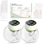 Breast Pump Hands Free - Wearable Electric Breast Pumps for Breastfeeding - Portable Wireless Breast Pump with Remote Type-C-3 Modes and 9 Levels LCD Display with 10 Milk Storage Bag (2 Pack(Green))