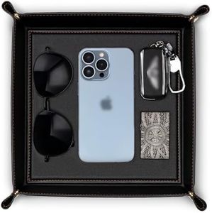 Vlando Valet Tray for Men Women, Nightstand Organizer Vanity Catchall Holder for Dresser Desk Storage Bedside, Travel PU Leather Jewelry Key Bowl Coin Watches and Candy Entryway Tray - Large, Black