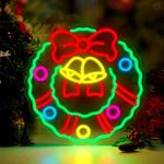 FITNATE Christmas Wreath Neon Sign for Wall Door Decor, 16'' Dimmable Christmas Neon Light, USB Powered LED Neon Sign for Living Room, Bedroom, Christmas Party Decor