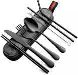 CherryBox Portable Utensils Flatware Set, Travel Camping Cutlery Set, 8-Piece Including Knife Fork Spoon Chopsticks Cleaning Brush Straws Portable Pouch, 304 Stainless Steel (Black)