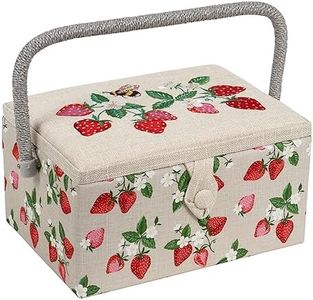 Hobby Gift Exclusive Medium Sewing Craft Hobby Storage Box, Accessories Tray Pin Cushion Pocket PVC Handle Embroidered Lid 18.5 x 25.5 x 14.5cm, Embroidered Strawberries