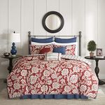 Madison Park Cotton Comforter Set - Modern Cottage Design All Season Down Alternative Reversible Bedding, Matching Shams, Bedskirt, Decorative Pillows, California King (104 in x 92 in) Red 9 Piece