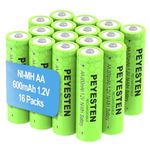 PEYESTEN Rechargeable NiMh AA Batteries 600mAh 1.2V Double A Batteries for Solar Garden Lights, Pathway Lights, Home Device, TV Remote,Green 16 Packs.