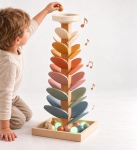 Nolia Wooden Marble Run Music Tree, Montessori Ball Drop Toy for Toddlers and Kids - 3 Glow in the Dark Marbles, 12 Large 1.4 Inch Wooden Balls, 25 Inch Musical Marble Tree, Ages 3+