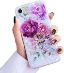 Qokey Compatible with iPhone SE Case 2022/2020,iPhone 8 Case,iPhone 7 Case 4.7 inch Flower Cute Fashion Cover for Women Girls 360 Degree Rotating Ring Kickstand Soft TPU Shockproof Cover Purple Red