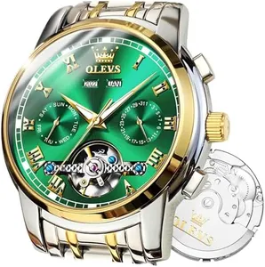 OLEVS Mens Watches Automatic Watches for Men Waterproof Skeleton Sliver Gold Steel Watch Classic Self Winding Tourbillon Mechanical Watch Luxury Dress Men's Wrist Watches Green Dial,reloj para Hombre