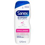 Sanex Expert Skin Health Hypoallergenic Shower Gel l 570ml, for very sensitive skin, sensitive shower gel, 12 hour hydration, prebiotic & postbiotic complex, dermatologically tested, 0% sulphates