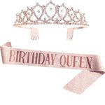 Leixi Birthday Queen Sash & Rhinestone Tiara Kit - 21st 30th Birthday Gifts Birthday Sash for Women Birthday Party Supplies (Rose Gold)