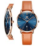 OLEVS Women Wrist Watches Ultra Thin 6.5mm Minimalist Dress Fashion Quartz Waterproof Date Day Leather Strap Slim Watches for Ladies, Tan Leather&Blue Dial, Quartz Movement