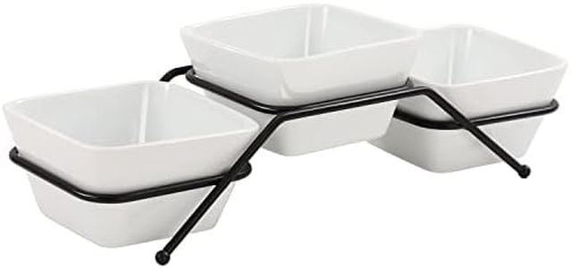 Buyajuju 3 pcs square bowl Porcelain Chip & Dip Serving Set with Black Metal Stand, 4.5inch White Small Serving Bowls for Side Dishes, Salsa, Appetizer, Serving Dishes for Entertaining