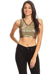 Anna-Kaci Womens Juniors Sexy Clubwear Night Out Sequin V Neck Cropped Tank Top, Gold,X-Large