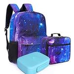 Fenrici Kids Backpack with Lunch Box & Bento Box Matching Set, Laptop Backpack, Insulated Lunch Bag for Girls, Boys, Purple Galaxy