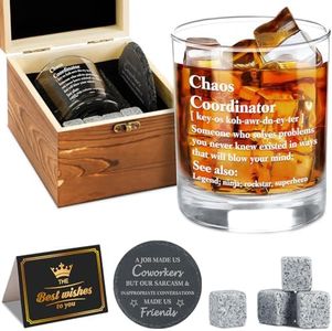Chao Coordinator Whiskey Gifts Set for Men,Novelty Coworker Leaving Gift For Colleague Boss Co-worker Friends, Farewell Gift for Men-11Oz Old Fashioned Whiskey Glass & Wood Box & Coaster & Stone