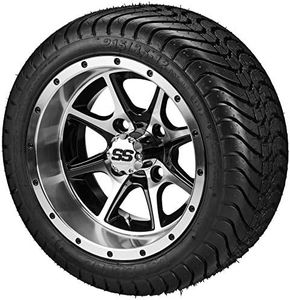 RM Cart 12" Azusa Black/Machined on 215/35-12 LSI Elite Tires (Set of 4), Golf Cart Tires and Wheels Combo, Fits Yamaha Carts