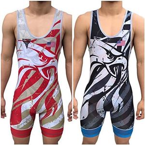 TRI-TITANS Eagle Eye Reversible UWW Wrestling Singlet - Freestyle Greco Roman Folkstyle - Red and Blue Mens & Youths (Adult XXXL: 240+)