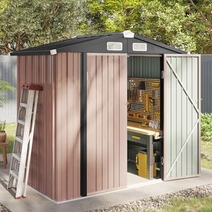 Aoxun 6.2x4 FT Shed Outdoor Storage Shed Metal Garden Shed with Lockable Doors & Slooping Roof Tool Shed Bike Shed for Backyard, Patio, Poolside (Brown)