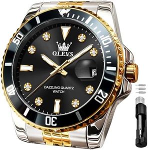 OLEVS Men's Watch, Fashion Luxury Black Big Face Stainless Steel Diamond Dress Calendar Gold Waterproof Luminous Wrist Watches for Men