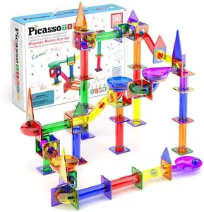 PicassoTiles 50pcs Magnetic Tiles Marble Run for Kids Race Track Toy Marble Maze Sensory Toys for Toddlers STEM Educational Set Magnet Building Blocks Construction Building Tiles Boys Girls 3+ PTG50