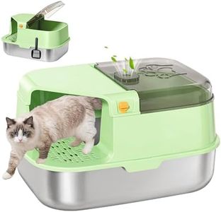 SILUI Extra Large Stainless Steel Cat Litter Box with Lid, 60 L x 44 W x 37 H Enclosed Covered Metal Kitty Litter Box with Litter Trapping Grid & Scoop, Flip-Top High Sided Low Entry Kitten Litterbox