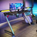 ELEGANT Gaming Desk with LED Lights Large Z Shaped PC Gamer Tables Pro with RGB lighting for Men Boyfriend Female Gift 140x60cm with Headphone Hooks, Cup Holder Black Computer Table Workstations