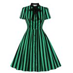 Wellwits Women's Plus Size Tie Neck Button Down Black and Green Stripes Halloween Costume Gothic Vintage Dress 3XL