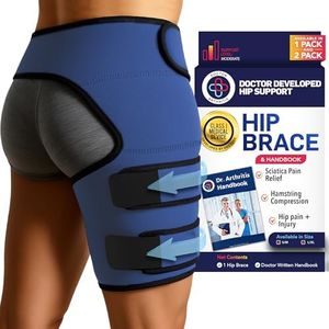 Dr. Arthritis Stabilizing Hip Brace for Men & Women, Thigh Compression Sleeve & Hip Support for Muscle Recovery, Hamstring Brace with Handbook, Sciatica Pain Relief Devices - Right Leg (S/M, Navy)