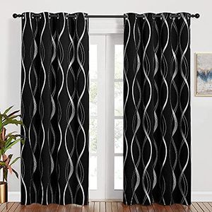PONY DANCE Thermal Door Curtains Blackout - Foil Decorative Curtains Silver Wave Line Printed, 52 Inch Wide x 84 Inch Drop, Lightweight Kids Bedroom Curtains, Sold as Pair