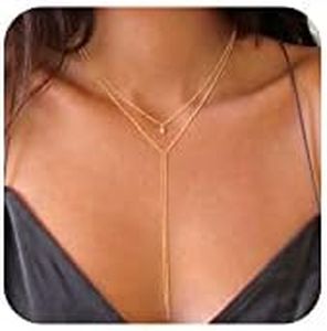 Foxgirl Dainty Long Gold Necklaces for Women, Trendy Lariat Y Necklace 14k Gold Plated Layered Beaded Drop Necklaces Simple Handmade Bar CZ Pendant Y-Shaped Chain Jewelry Gift Wedding