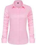 J.VER Women's Pink Long Sleeve Plain Dress Shirt Button Down Fitted Stretch Executive Office Work Business Casual Formal Shirt Blouse with Single Cuff L