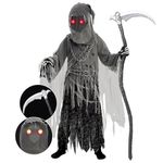 Spooktacular Creations Child Unisex Grim Reaper Costume, Halloween Costume with Glowing Red Eyes for Trick-or-Treat S(5-7yr)