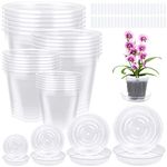 Liphontcta Ioffersuper 18-Pack Nursery Pots Clear Pots with 18 Tray, 4 Sizes Plastic Pots for Transplant and Seedlings Starter Plants Planting Pots, 100 Pcs of Plant Labels
