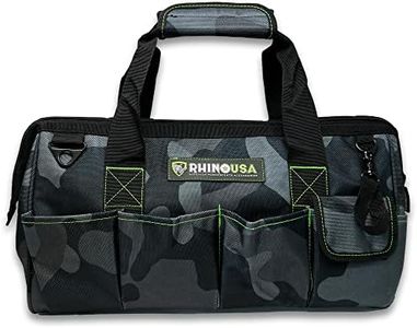 Rhino USA Tool Bag (18-Inch) Heavy Duty Wide Mouth Tool Tote with Zipper for Men - Large Tools Bags with Extra Side Storage Pockets, Reinforced Shoulder Strap & Upgraded Metal Clips (Camo)