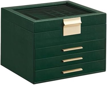 SONGMICS Jewelry Box with Glass Lid, 4-Layer Jewelry Organizer, 3 Drawers, for Big and Small Jewelry, Jewelry Storage, Christmas Gift, 8 x 9.1 x 6.5 Inches, Forest Green and Gold Color UJBC173C01