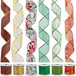 BELLE VOUS 6 Pack Christmas Ribbon - 5.48 Meters Silk Ribbon Rolls for Xmas Tree Decoration - Satin Ribbons for Gift Wrapping, DIY Crafts, Holiday, Bows, Wedding and Party Decoration (6 cm Width)