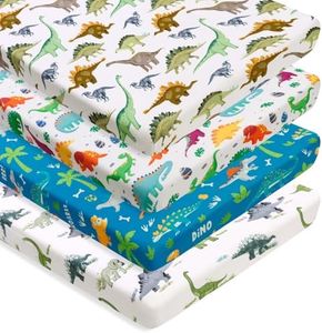 4 Pack Baby Boy Pack N Play Mini Crib Sheets Set Soft Fitted Dinosaur Theme Baby Boy Mattress Covers Breathable Toddler Sheets for Infant or Newborn (Dinosaur, Pack N Play Mini Crib Sheets)